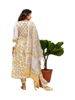 Round neck floral printed cotton kurta pant set with dupatta for women