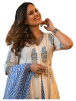 V neck white cotton kurta set with dupatta for women