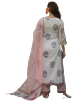 Cotton round neck printed pink kurta set with dupatta