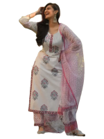 Cotton round neck printed pink kurta set with dupatta