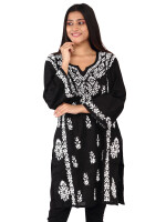 Cotton round neck black short kurti for women