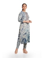 Blue round neck digital printed floral kurta pant and dupatta set