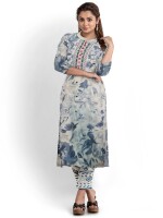 Blue round neck digital printed floral kurta pant and dupatta set