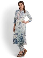 Blue round neck digital printed floral kurta pant and dupatta set