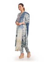 Blue round neck digital printed floral kurta pant and dupatta set