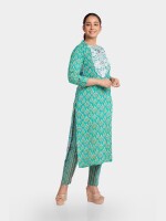 Green summer wear cotton printed neck embroidery unstitched suit | dress material