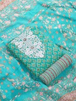 Green summer wear cotton printed neck embroidery unstitched suit | dress material