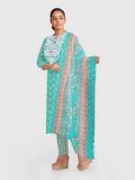 Green summer wear cotton printed neck embroidery unstitched suit | dress material