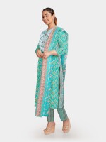 Green summer wear cotton printed neck embroidery unstitched suit | dress material