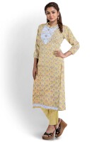 Yellow neck embroidery cotton print unstitched suit | dress material