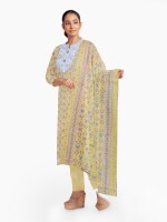 Yellow neck embroidery cotton print unstitched suit | dress material