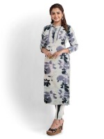 Grey floral print cotton kurta with pant & dupatta set