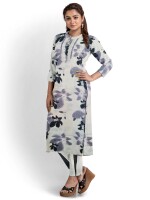 Grey floral print cotton kurta with pant & dupatta set