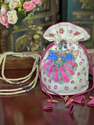 Madhubani Hand Painted Silk Potli designed with intricate traditional motifs