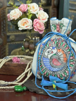 Divine Silk Handpainted Madhubani Silk Potli/Pouch with Peacock Design