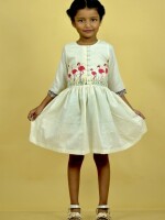 Flamboyant Flamingos Handpainted White Kids Cotton Frock - Free Style Painting