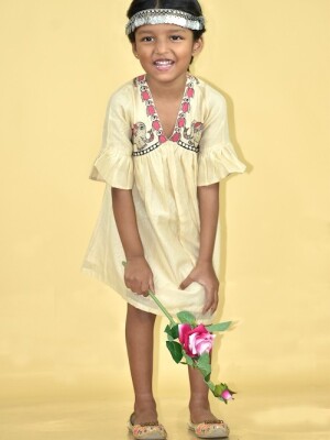 Innocence Chanderi Handpainted Off-White Kids Frock - Madhubani Handpainted