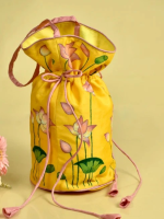 Yellow Pichwai Lotus Silk Handpainted Potli/Pouch