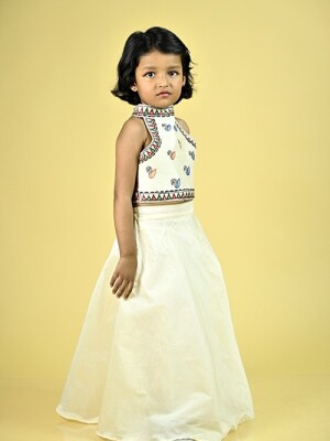 Birdie Handpainted Chanderi Kids Crop Top & Skirt Set – Madhubani Artistry in Motion