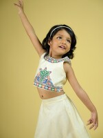 Birdie Handpainted Chanderi Kids Crop Top & Skirt Set – Madhubani Artistry in Motion