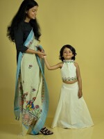 Birdie Handpainted Chanderi Kids Crop Top & Skirt Set – Madhubani Artistry in Motion