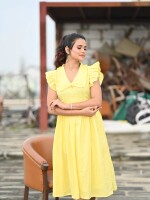 YELLOW BUTERFLY COLLARED MAXI DRESS , MATERIAL FABRIC : cotton  COLOUR : yellow and glamorous look