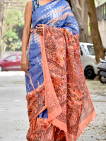 Blue shibori linen madhubani hand painted saree