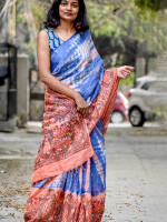 Blue shibori linen madhubani hand painted saree