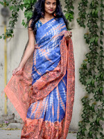 Blue shibori linen madhubani hand painted saree