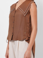 Women's western wear,  scalping, embroidery, brown top, victorian collar by Vishesh Kapoor