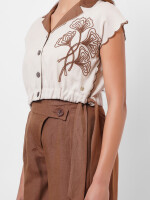 Women's Western Wear, Beige top, lightweight linen fabric,Embroidery, Straps by Vishesh Kapoor