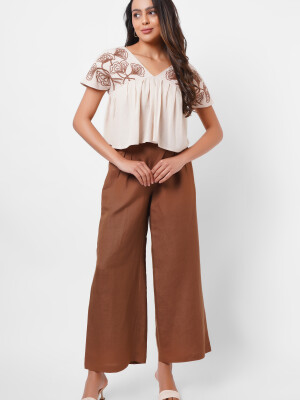 Women's western wear,  earthy, embroidery, beige top, V neck by Vishesh Kapoor