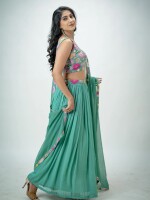 Sea green net embroidered floral & plain blouse with chiffon skirt