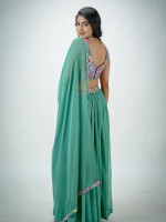 Sea green net embroidered floral & plain blouse with chiffon skirt