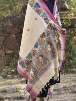 Madhubani handpainted cotton dupatta with temple border