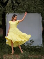 Yellowish tierd sassy maxi dress ,  cute mini ruffle sleeves, tie knot at back and material fabric :moss crepe