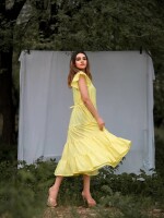 Yellowish tierd sassy maxi dress ,  cute mini ruffle sleeves, tie knot at back and material fabric :moss crepe