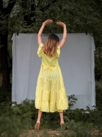 Yellowish tierd sassy maxi dress ,  cute mini ruffle sleeves, tie knot at back and material fabric :moss crepe