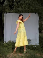 Yellowish tierd sassy maxi dress ,  cute mini ruffle sleeves, tie knot at back and material fabric :moss crepe