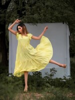 Yellowish tierd sassy maxi dress ,  cute mini ruffle sleeves, tie knot at back and material fabric :moss crepe