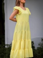 Yellowish tierd sassy maxi dress ,  cute mini ruffle sleeves, tie knot at back and material fabric :moss crepe