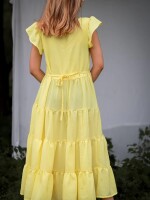 Yellowish tierd sassy maxi dress ,  cute mini ruffle sleeves, tie knot at back and material fabric :moss crepe