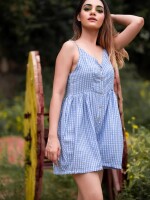 Checks strappy playsuit , material fabric : moss crepe , colour :cornflower blue  and Latest Designs, Fashionable,