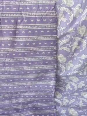 Classic lavender cotton floral design kurti with striped bottom dress material