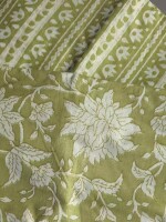 Green cotton dress material with floral and striped pattern