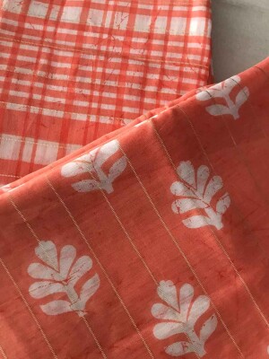 Peach-orange viscose lurex chanderi fabric set