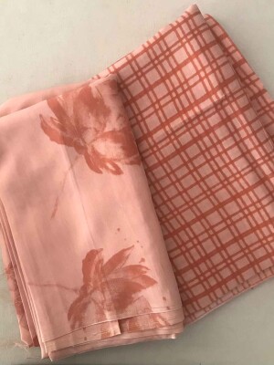 Peach and pink floral & checks viscose fabric combo