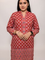 Pure cotton katha work Maroon Printed Short Length Kurti with mirror work details sounds both stylish and comfortable.