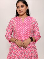 Cotton Katha work hot pink Printed A-line Co-ord Set with matching yoke patch and mirror work lace broader