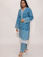 Stylish straight-cut Blue Katha work Kurta paired with matching printed pants creates a coordinated and chic ensemble